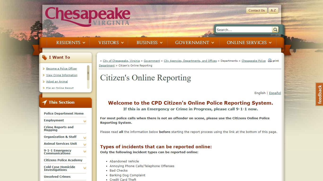 Citizen's Online Reporting - Chesapeake, Virginia